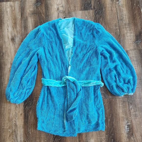 Retrofete Gabrielle Robe Dress in Blue Sequins Size XS NWOT Long Sleeve Belt - Picture 2 of 13